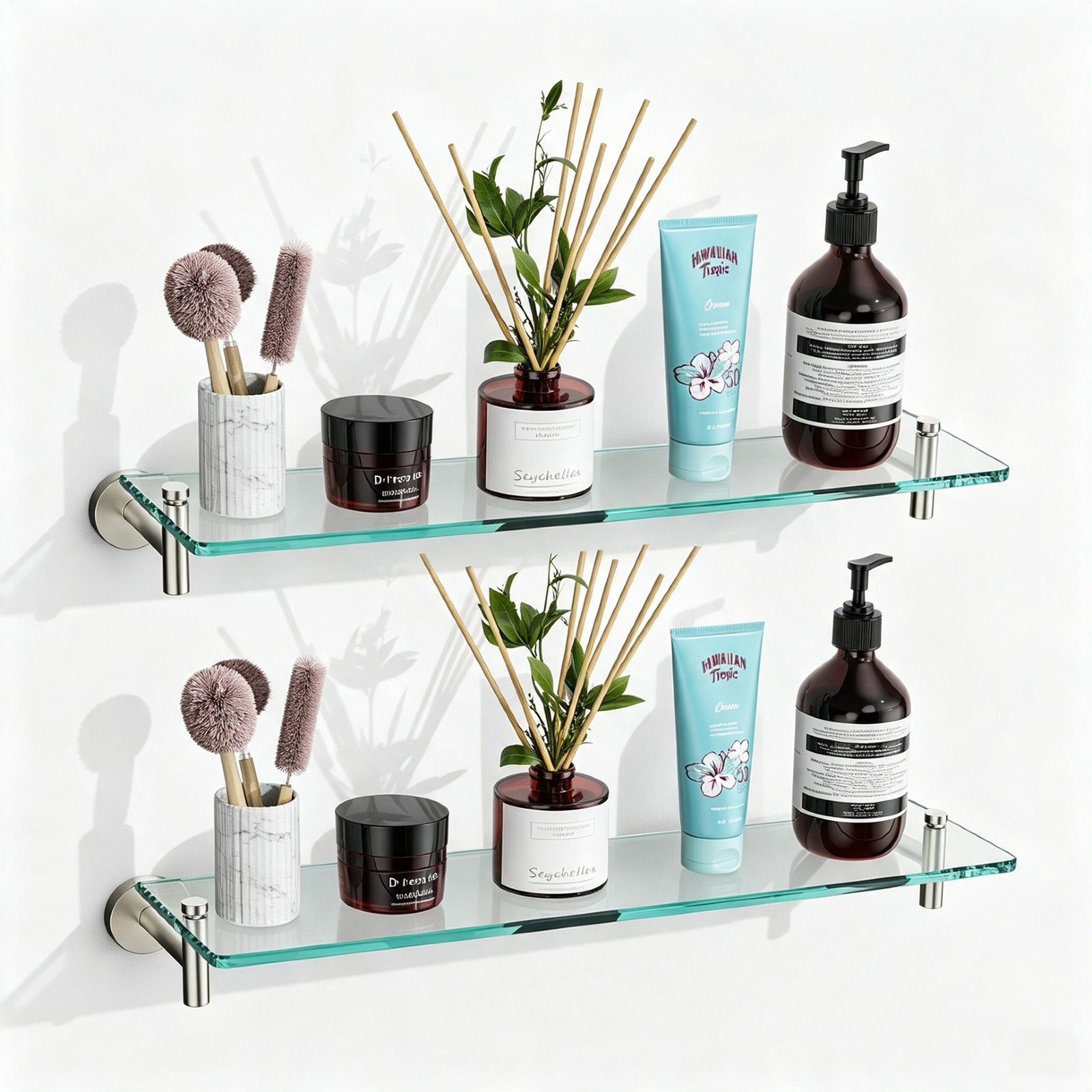 Bathroom Glass Shelf, Floating Stainless Steel Tempered Glass Wall Shelf, Rectangle, 20‑inch, Chrome Polished, Modern, Wall Mounted, 2 Pack