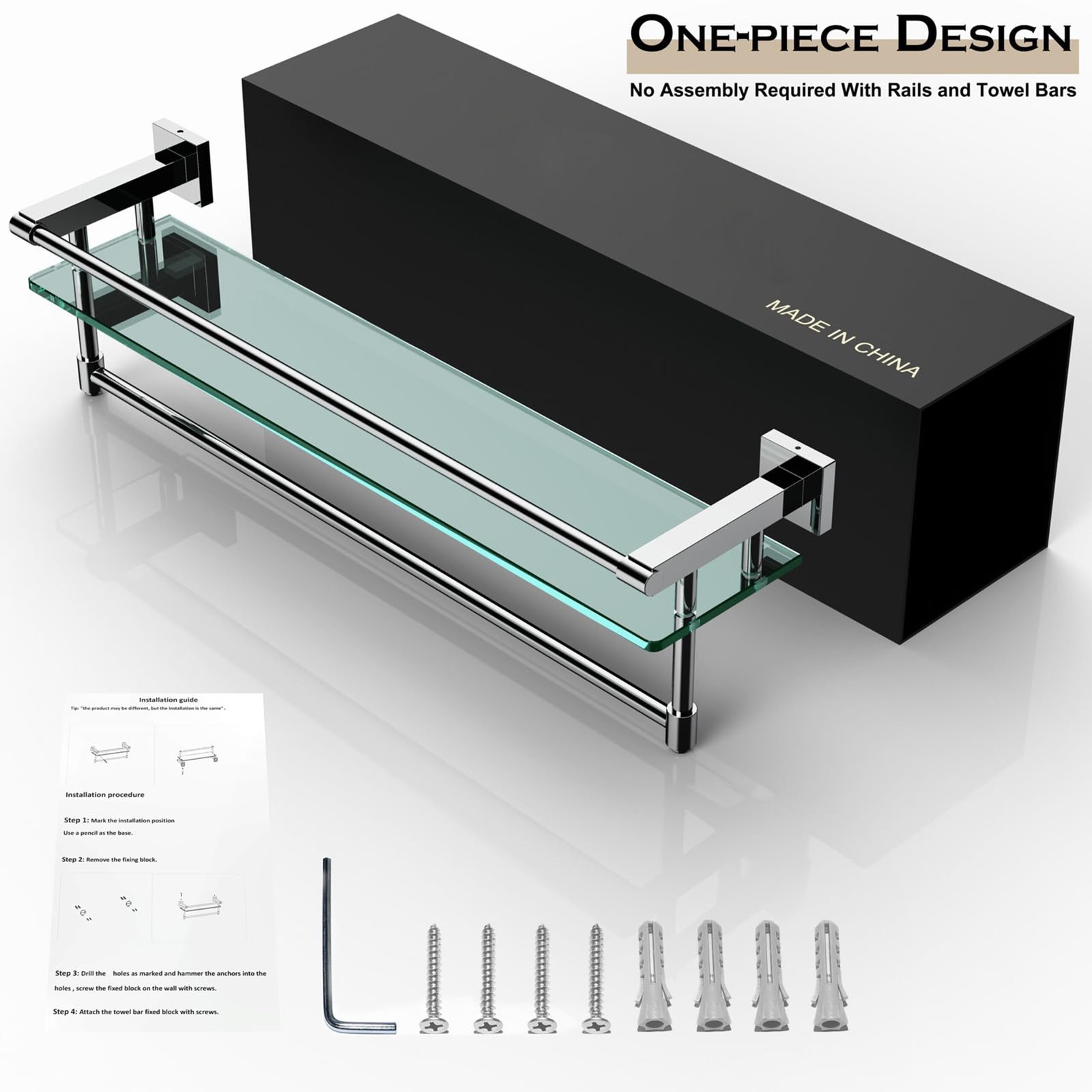 Bathroom Glass Shelf, Floating Tempered Glass Wall Shelf, Rectangle, 24‑inch with Full‑coverage Railing, Chrome Polished, Modern, Wall Mounted, 2 Pack - 图片 2
