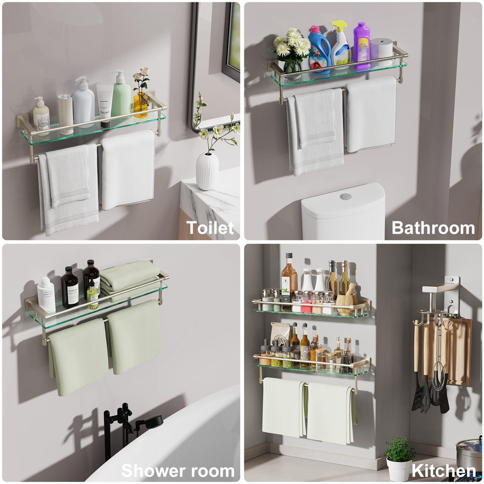 Bathroom Glass Shelf, Floating Tempered Glass Wall Shelf, Rectangle, 24‑inch with Full‑coverage Railing, Modern, Wall Mounted, 2 Pack - 图片 2