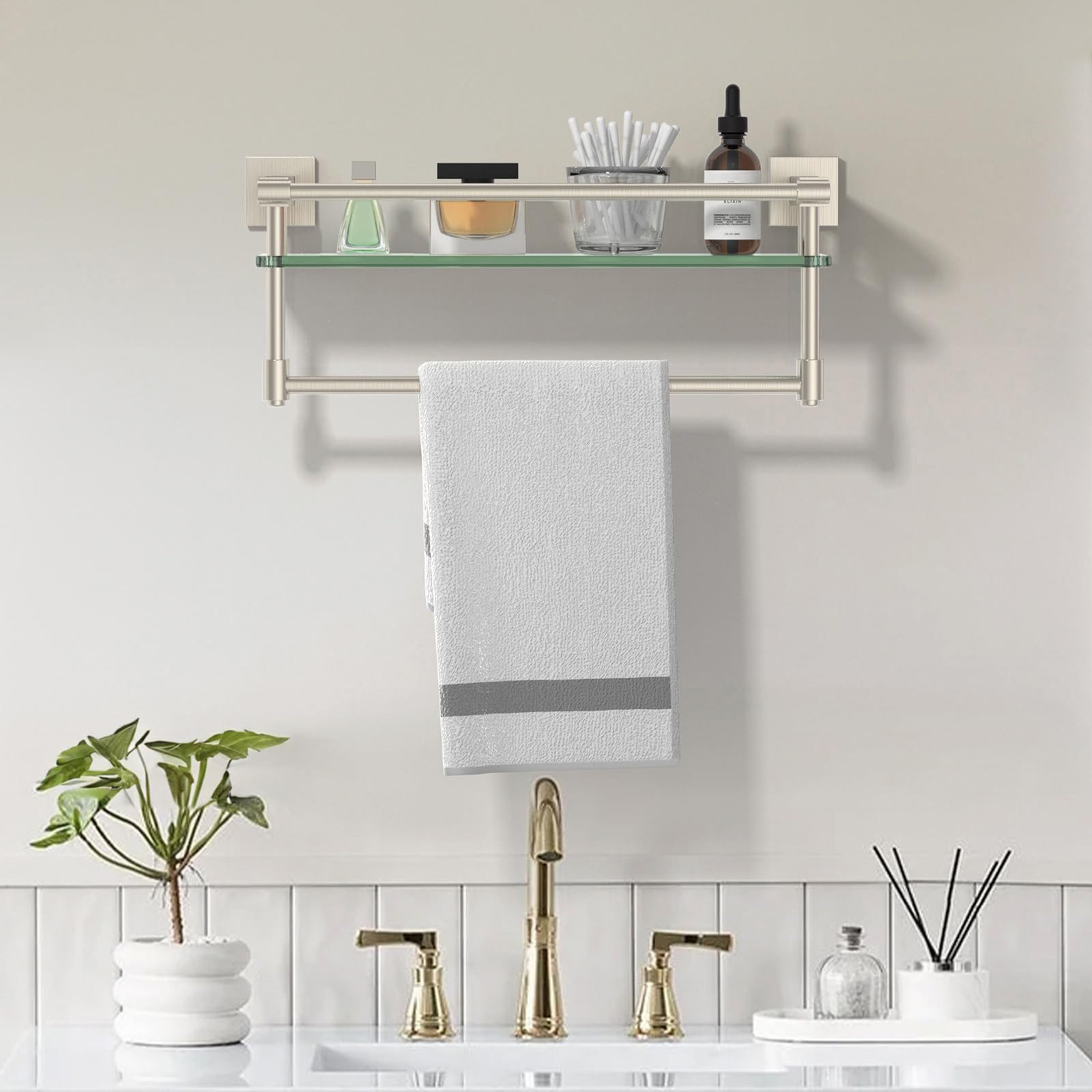 Bathroom Glass Shelf, Floating Tempered Glass Wall Shelf, Rectangle, 16‑inch with Full‑coverage Railing, Brushed Nickel, Modern, Wall Mounted, 2 Pack - 图片 2