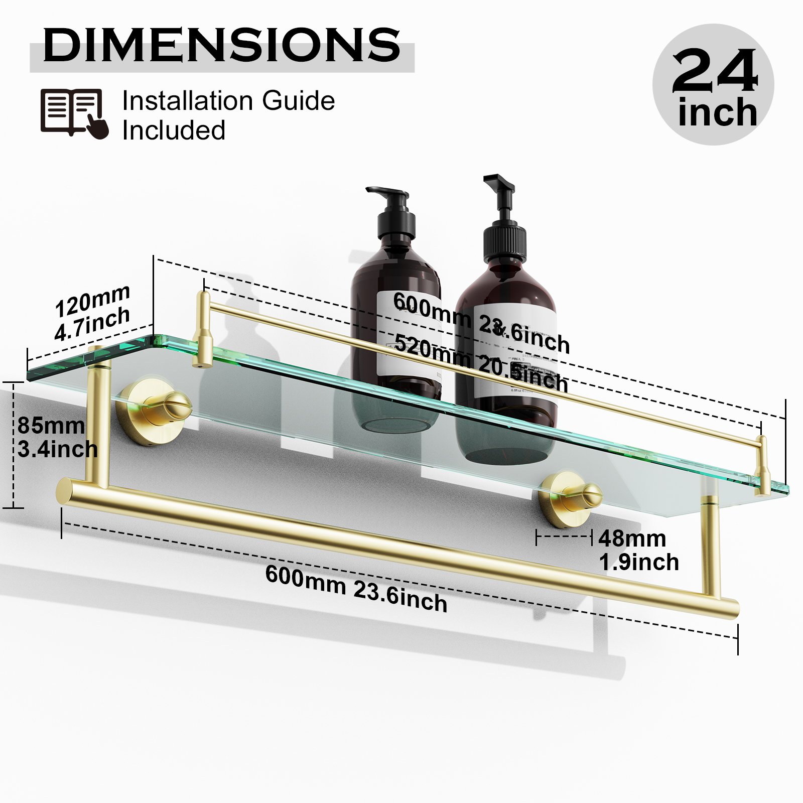 Bathroom Glass Shelf, Floating Tempered Glass Wall Shelf, Rectangle, 24‑inch with Towel Bar, Brushed Gold, Modern, Wall Mounted, Rustproof Towel Holder, 2 Pack - 图片 2