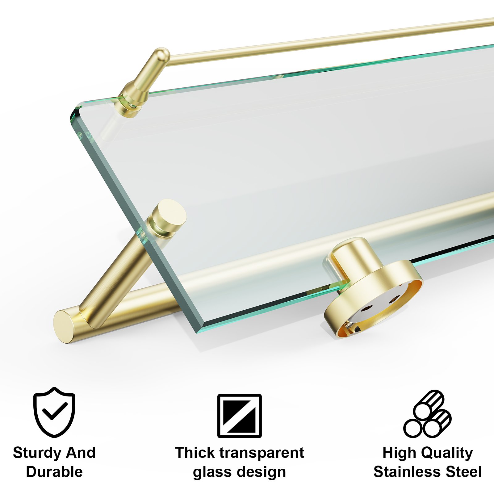 Bathroom Glass Shelf, Floating Tempered Glass Wall Shelf, Rectangle, 24‑inch with Towel Bar, Brushed Gold, Modern, Wall Mounted, Rustproof Towel Holder, 2 Pack - 图片 3