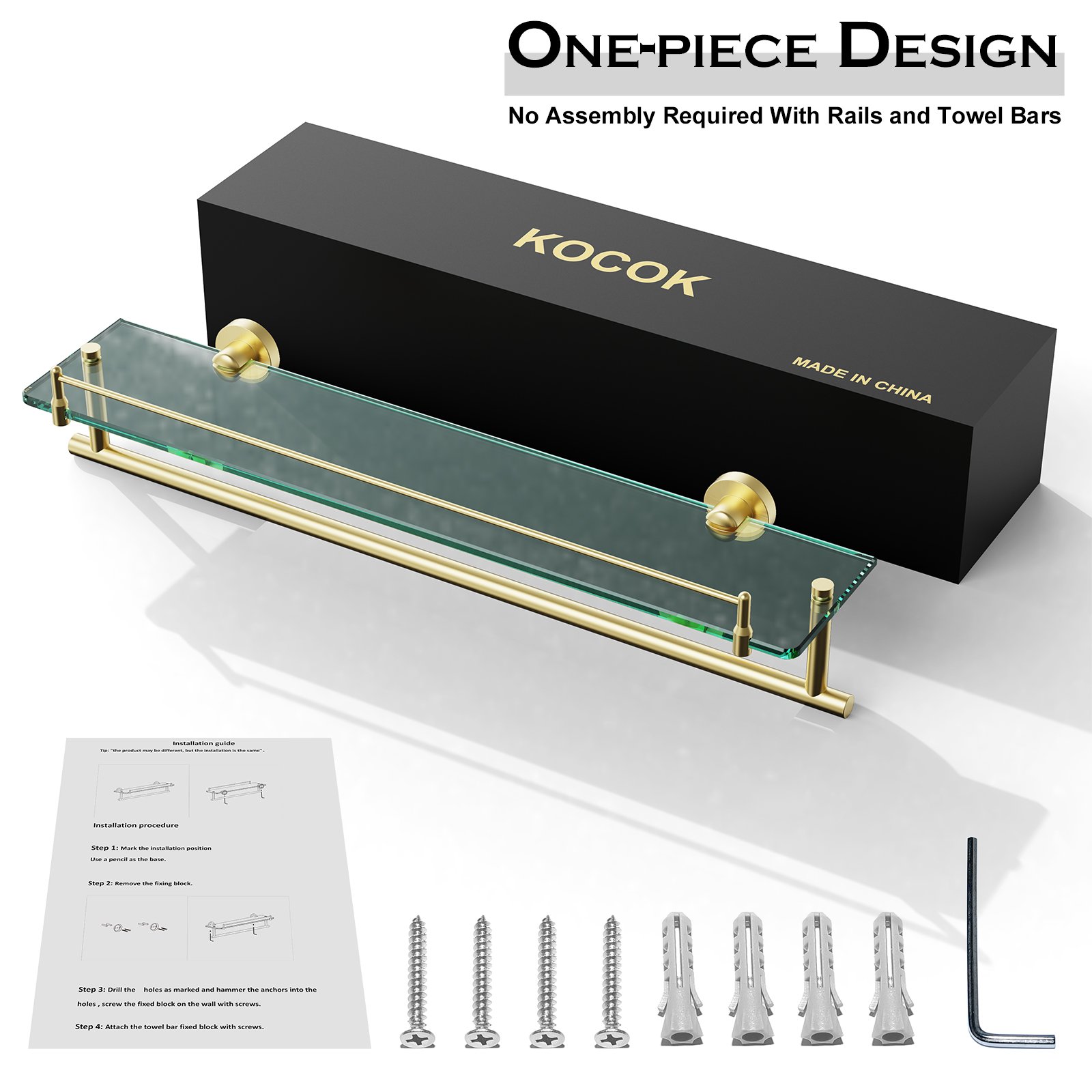 Bathroom Glass Shelf, Floating Tempered Glass Wall Shelf, Rectangle, 24‑inch with Towel Bar, Brushed Gold, Modern, Wall Mounted, Rustproof Towel Holder, 2 Pack - 图片 4