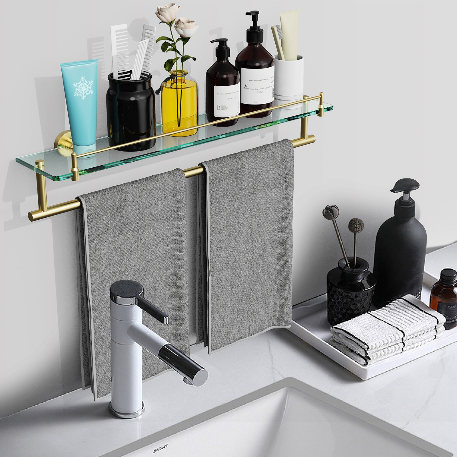 Bathroom Glass Shelf, Floating Tempered Glass Wall Shelf, Rectangle, 24‑inch with Towel Bar, Brushed Gold, Modern, Wall Mounted, Rustproof Towel Holder, 2 Pack - 图片 5