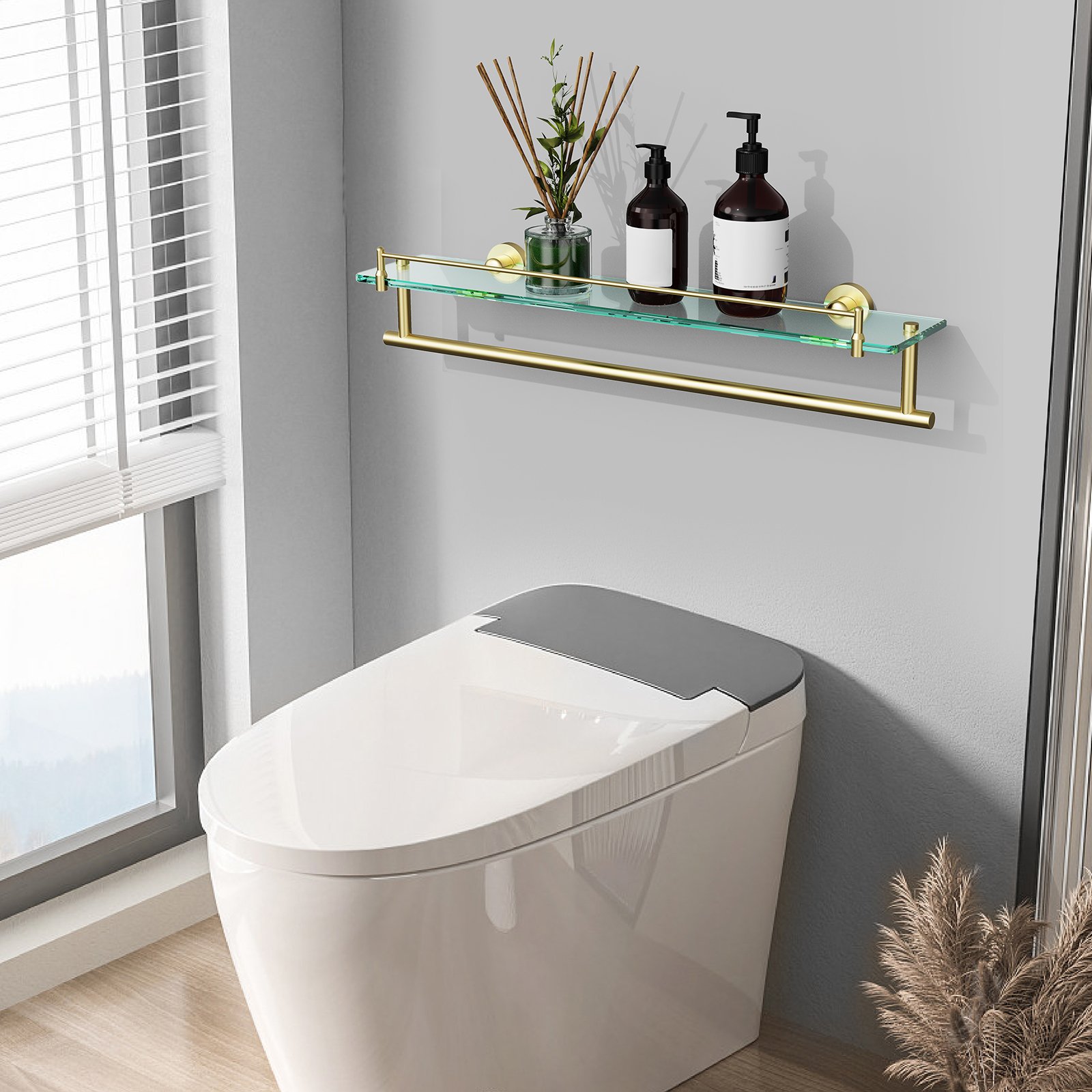 Bathroom Glass Shelf, Floating Tempered Glass Wall Shelf, Rectangle, 24‑inch with Towel Bar, Brushed Gold, Modern, Wall Mounted, Rustproof Towel Holder, 2 Pack - 图片 6