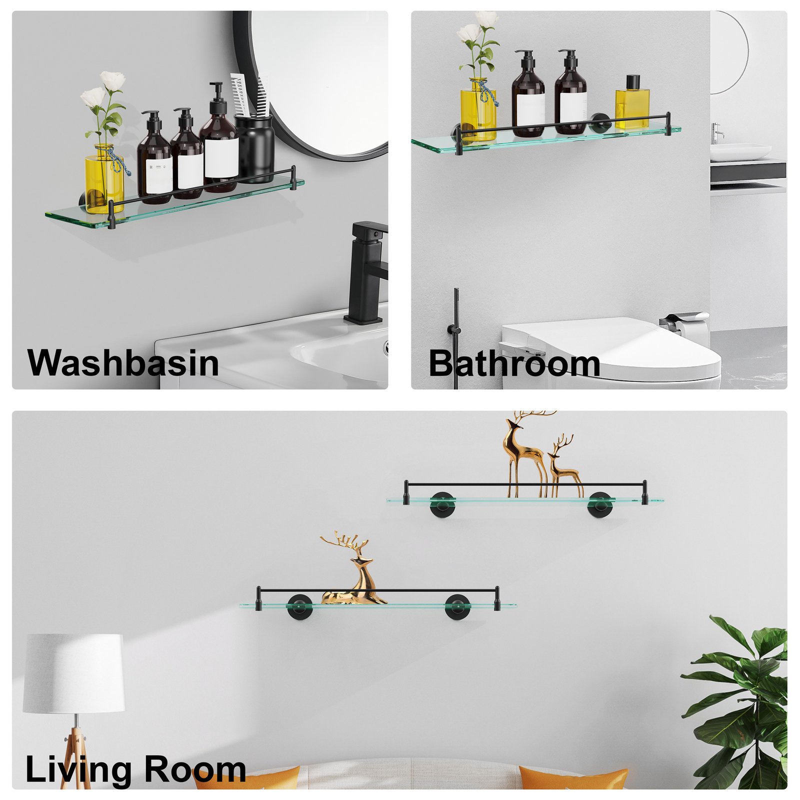 Bathroom Glass Shelf, Floating Stainless Steel Tempered Glass Wall Shelf, Rectangle, 20‑inch, Matte Black, Modern, Wall Mounted, 2 Pack - 图片 3