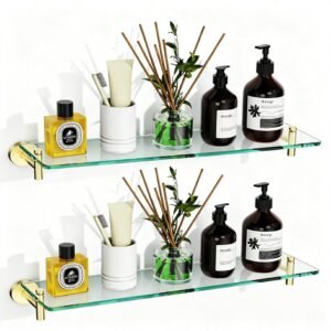 Bathroom Glass Shelf, Floating Stainless Steel Tempered Glass Wall Shelf, Rectangle, 20‑inch, Brushed Gold, Modern, Wall Mounted, 2 Pack