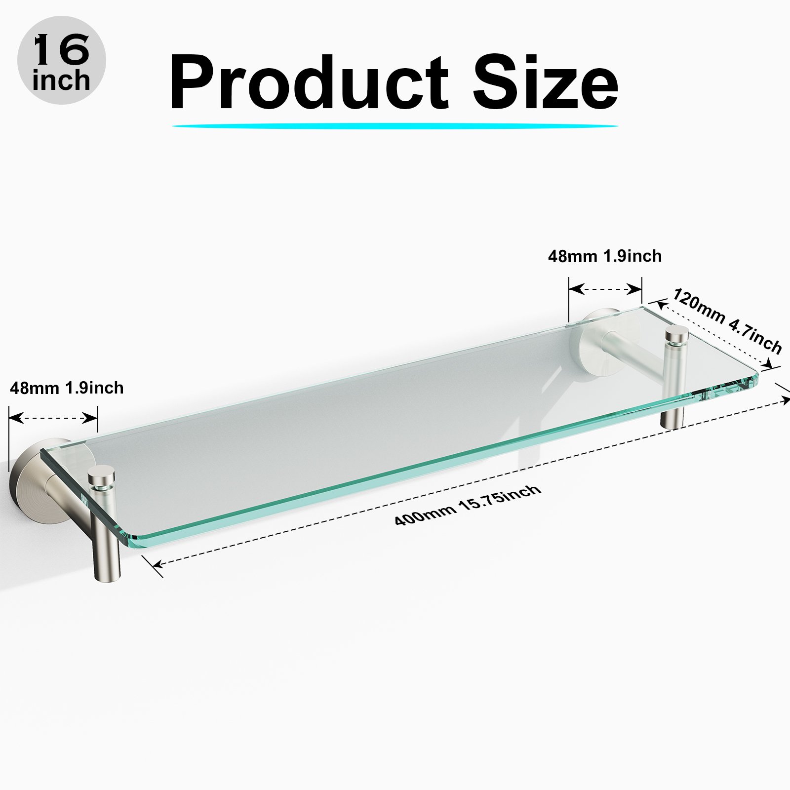 Bathroom Glass Shelf, Floating Stainless Steel Tempered Glass Wall Shelf, Rectangle, 16‑inch, Brushed Nickel, Modern, Wall Mounted, 2 Pack - 图片 2