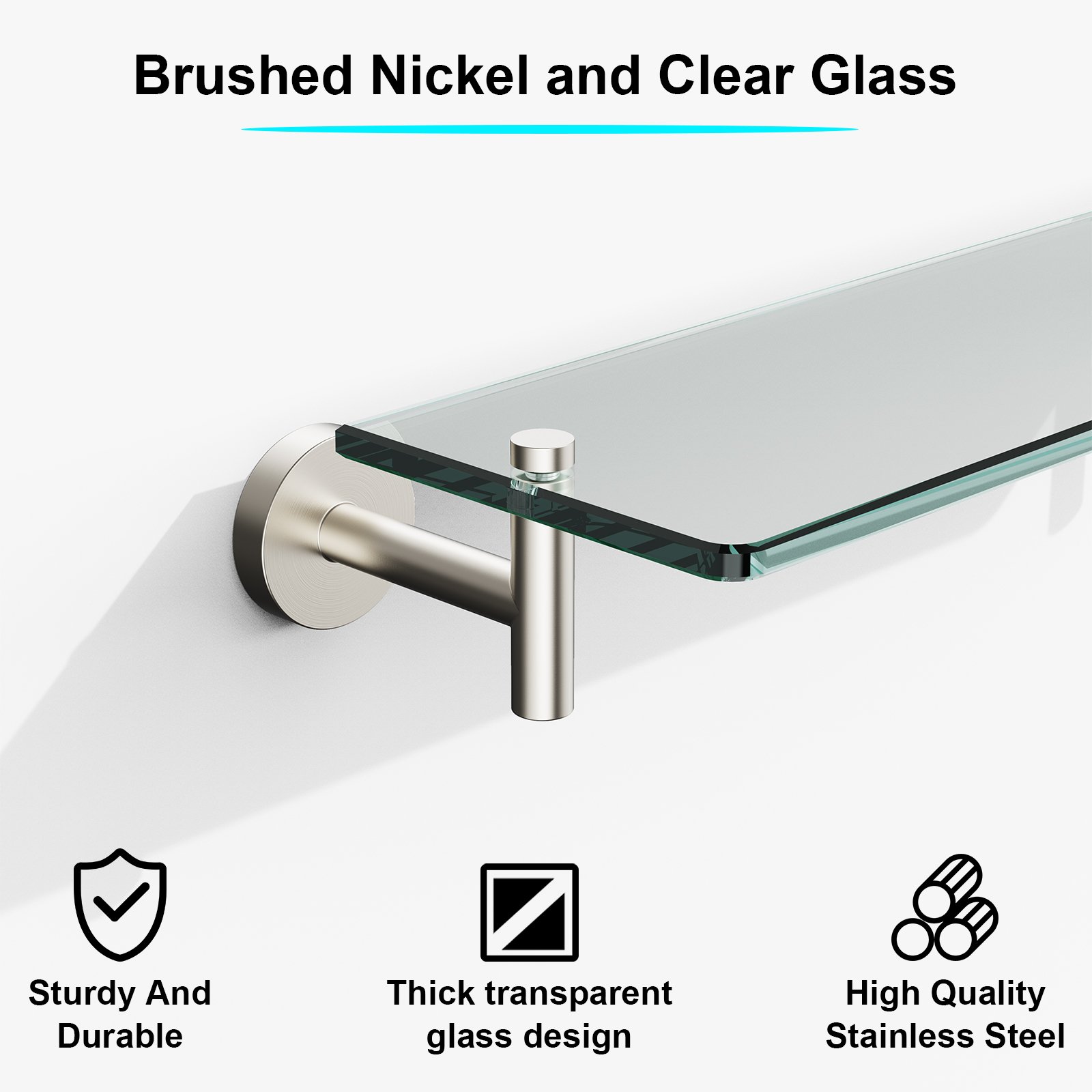 Bathroom Glass Shelf, Floating Stainless Steel Tempered Glass Wall Shelf, Rectangle, 16‑inch, Brushed Nickel, Modern, Wall Mounted, 2 Pack - 图片 3