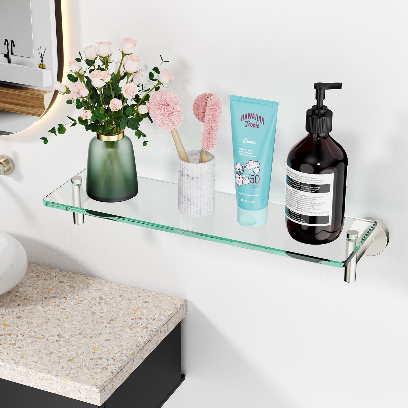 Bathroom Glass Shelf, Floating Stainless Steel Tempered Glass Wall Shelf, Rectangle, 16‑inch, Brushed Nickel, Modern, Wall Mounted, 2 Pack - 图片 5