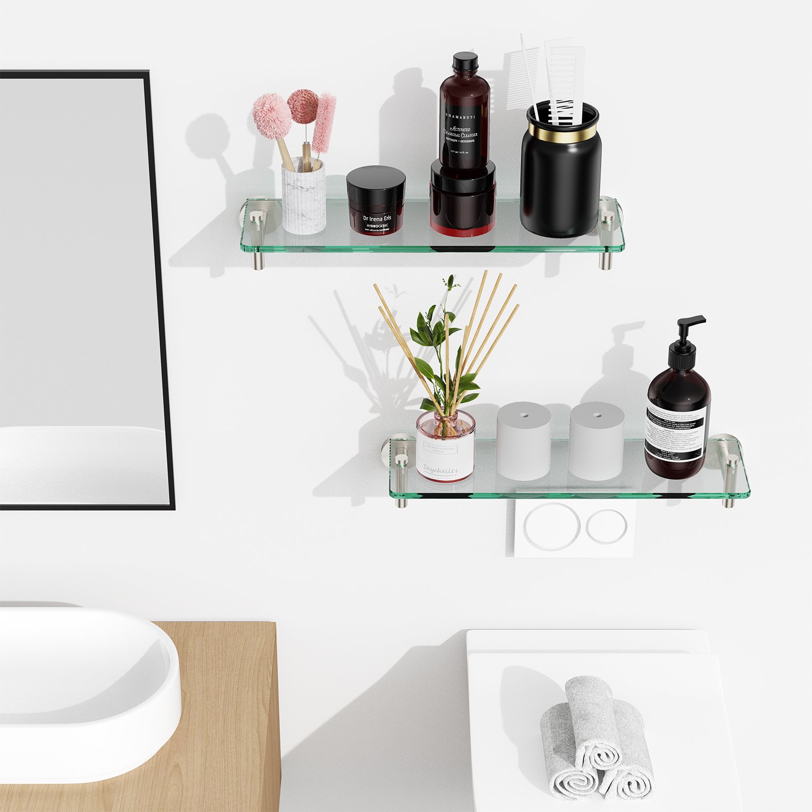 Bathroom Glass Shelf, Floating Stainless Steel Tempered Glass Wall Shelf, Rectangle, 16‑inch, Brushed Nickel, Modern, Wall Mounted, 2 Pack - 图片 6
