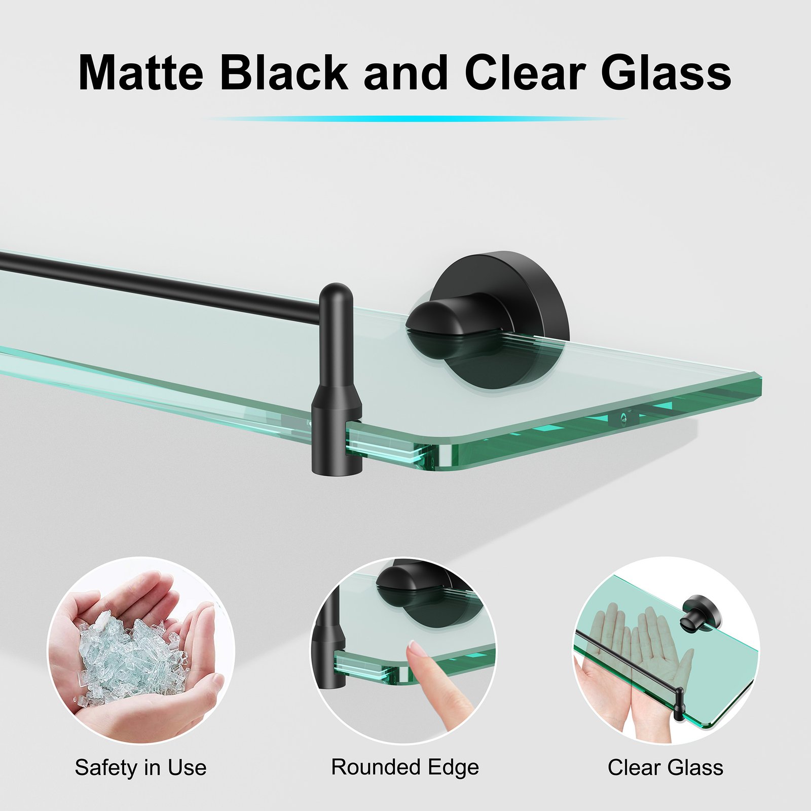 Bathroom Glass Shelf, Floating Stainless Steel Tempered Glass Wall Shelf, Rectangle, 20‑inch, Matte Black, Modern, Wall Mounted, 2 Pack - 图片 2