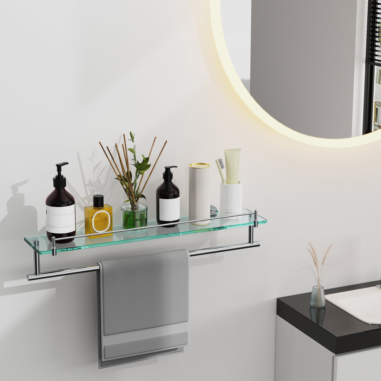 Bathroom Glass Shelf, Floating Tempered Glass Wall Shelf, Rectangle, 24‑inch with Towel Bar, Brushed Gold, Modern, Wall Mounted, Rustproof Towel Holder, 2 Pack - 图片 2