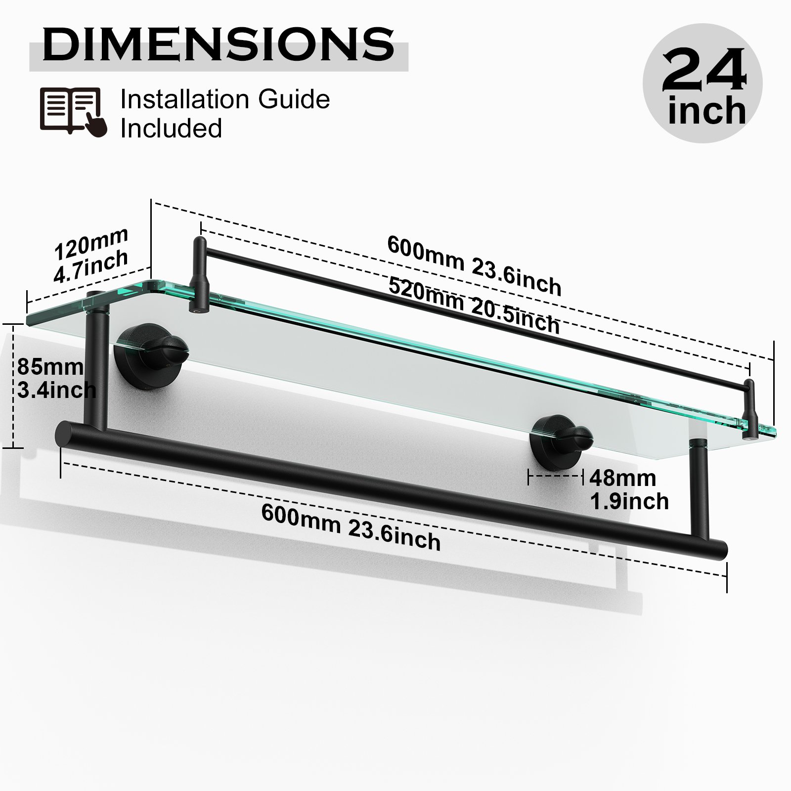 Bathroom Glass Shelf, Floating Tempered Glass Wall Shelf, Rectangle, 24‑inch with Towel Bar, Brushed Gold, Modern, Wall Mounted, Rustproof Towel Holder, 2 Pack - 图片 6