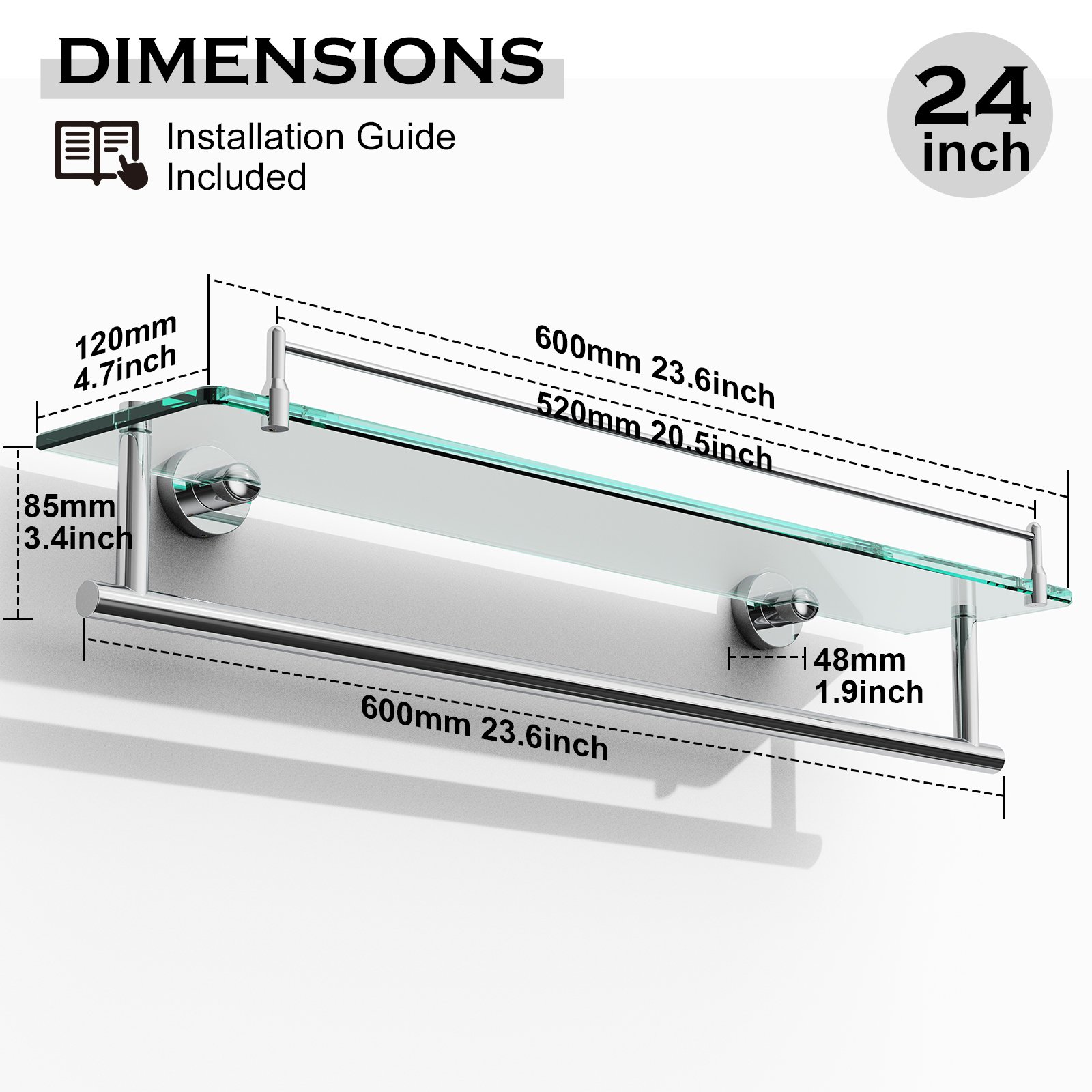Bathroom Glass Shelf, Floating Tempered Glass Wall Shelf, Rectangle, 24‑inch with Towel Bar, Brushed Gold, Modern, Wall Mounted, Rustproof Towel Holder, 2 Pack - 图片 3