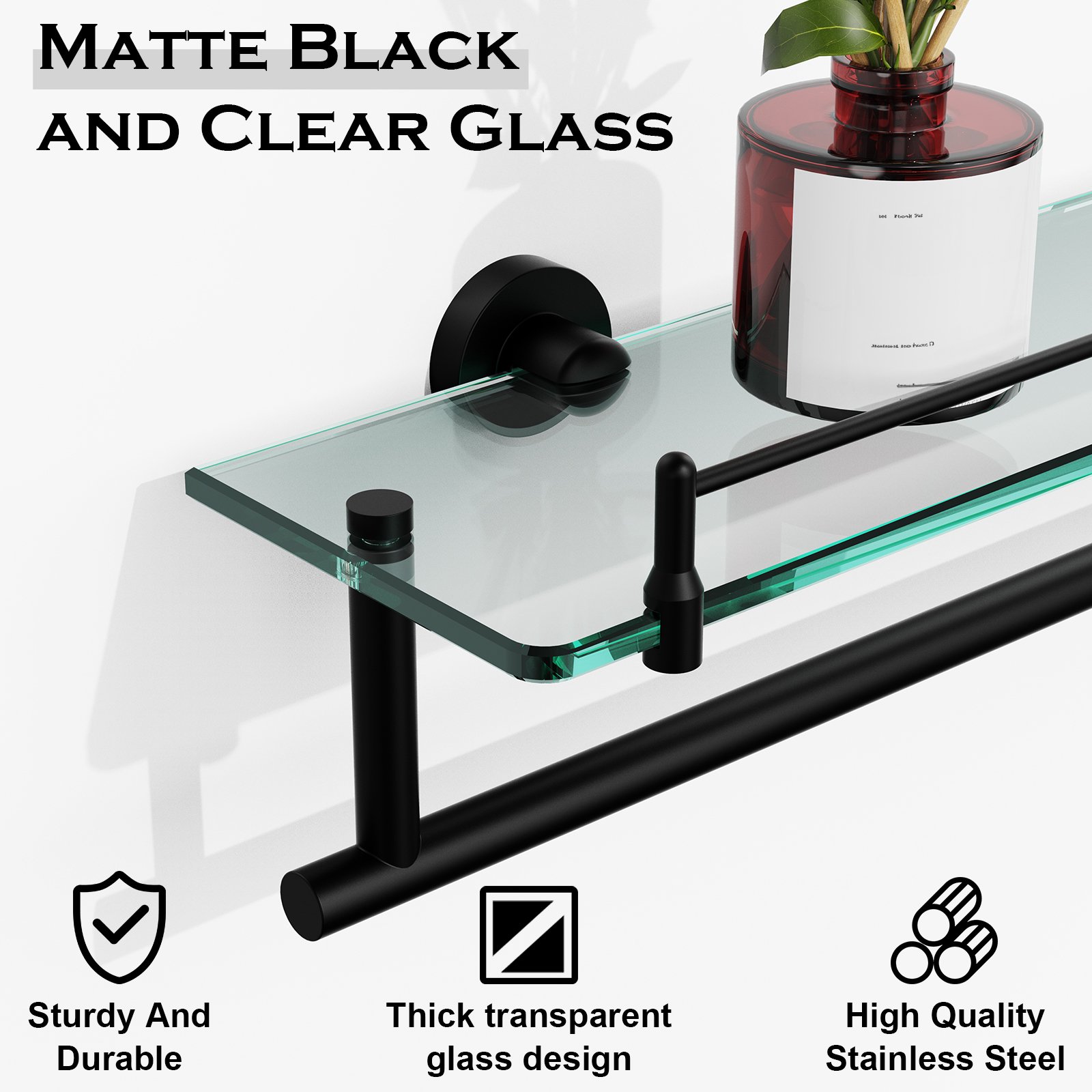 Bathroom Glass Shelf, Floating Tempered Glass Wall Shelf, Rectangle, 24‑inch with Towel Bar, Brushed Gold, Modern, Wall Mounted, Rustproof Towel Holder, 2 Pack - 图片 5