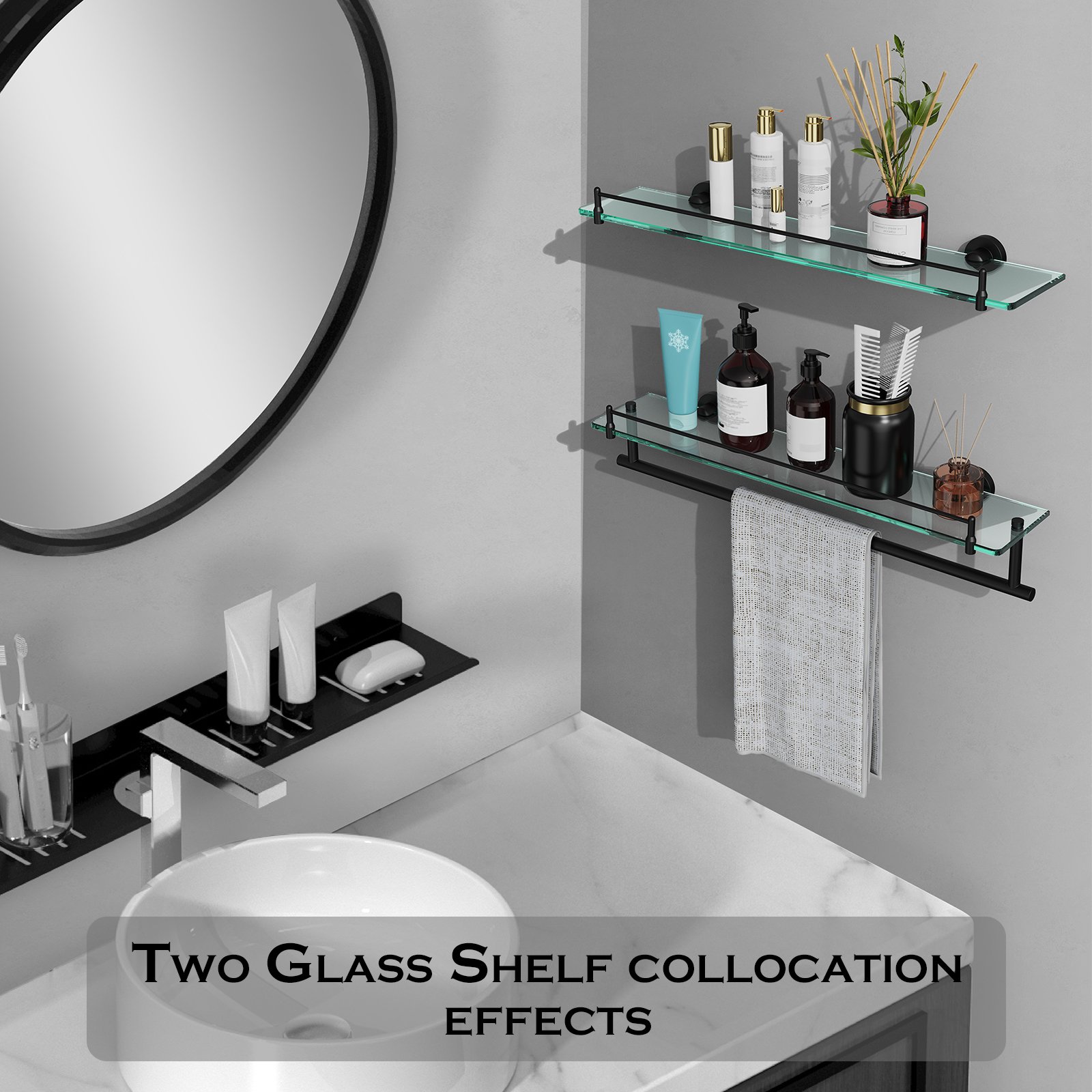 Bathroom Glass Shelf, Floating Tempered Glass Wall Shelf, Rectangle, 24‑inch with Towel Bar, Brushed Gold, Modern, Wall Mounted, Rustproof Towel Holder, 2 Pack - 图片 3