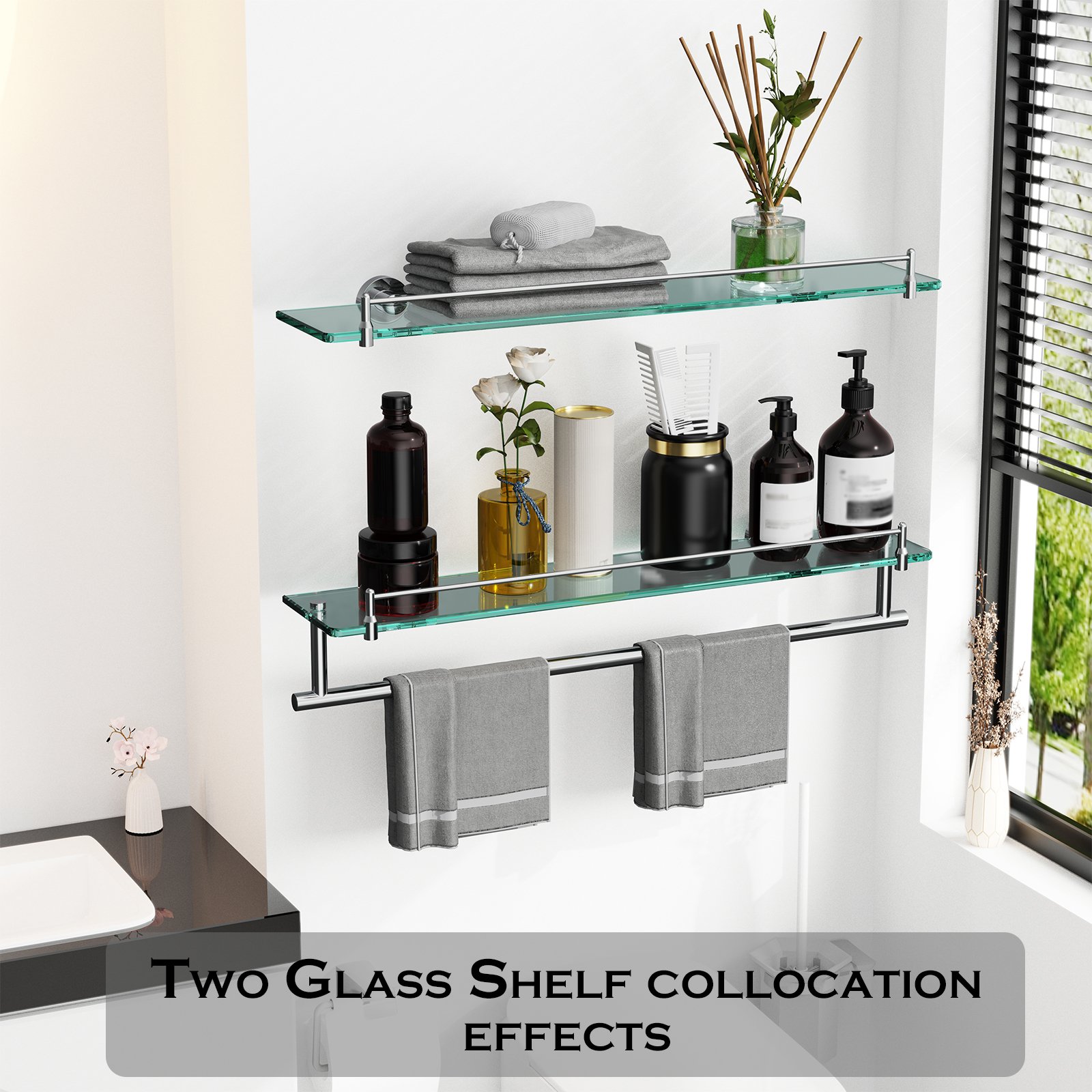 Bathroom Glass Shelf, Floating Tempered Glass Wall Shelf, Rectangle, 24‑inch with Towel Bar, Brushed Gold, Modern, Wall Mounted, Rustproof Towel Holder, 2 Pack - 图片 6