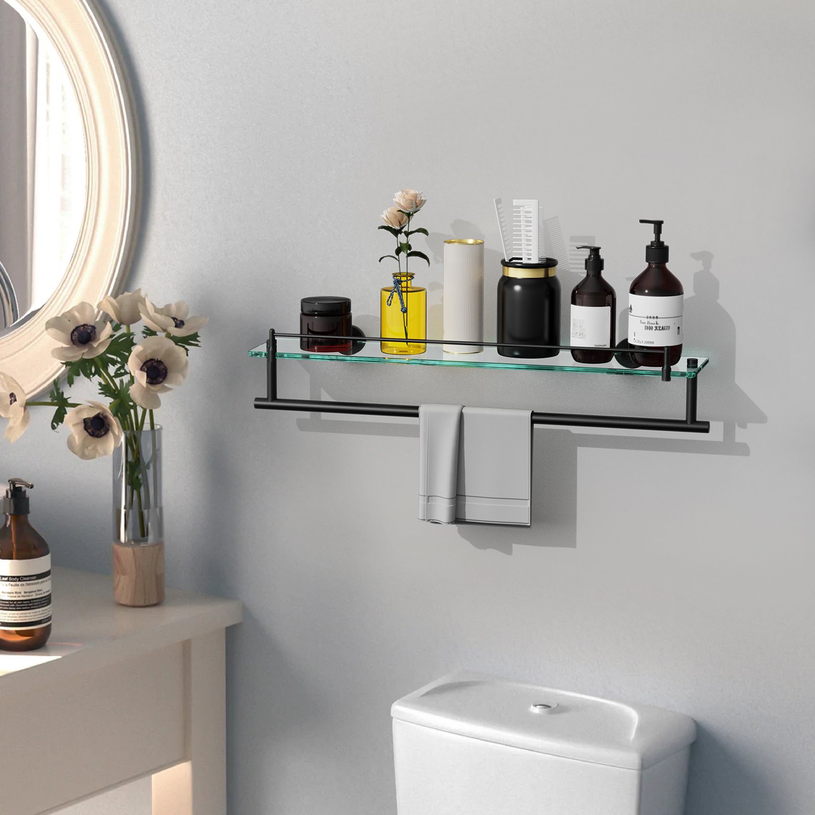 Bathroom Glass Shelf, Floating Tempered Glass Wall Shelf, Rectangle, 24‑inch with Towel Bar, Brushed Gold, Modern, Wall Mounted, Rustproof Towel Holder, 2 Pack - 图片 2